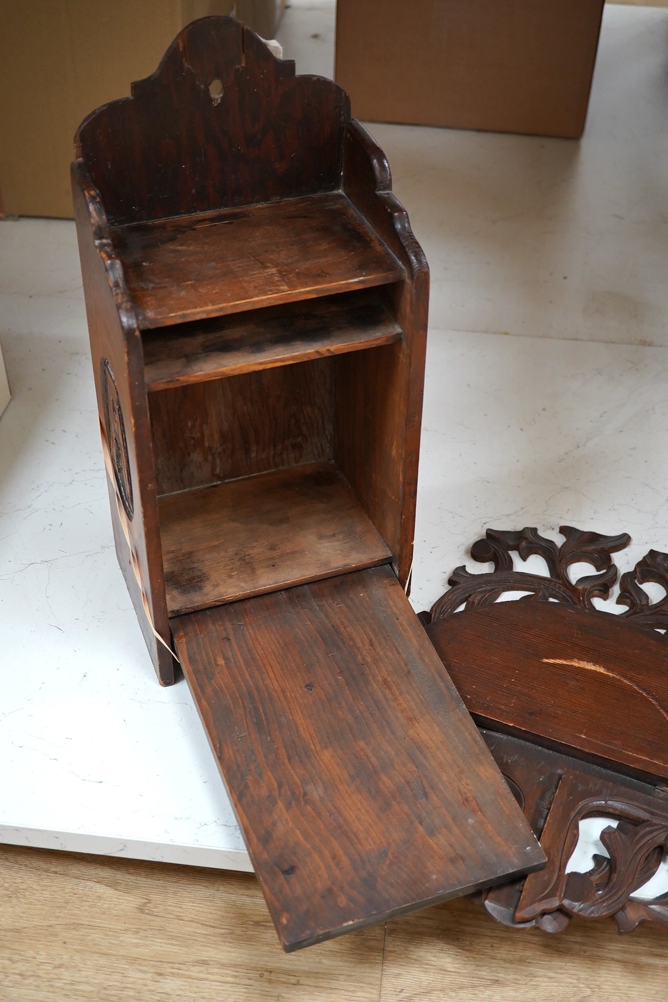 A 19th century oak medicine box and folding shelf unit, medicine box 42cm high. Condition - both need re polishing